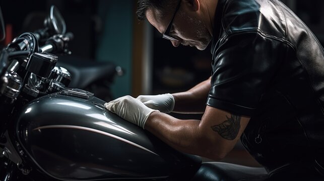 Fototapeta Biker man cleaning motorcycle , Polished and coating wax on fuel tank. repair and maintenance motorcycle concept.