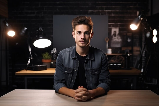 Portrait of a handsome young blogger in a denim jacket sitting at a table in his studio, looking at camera and recording video for social media