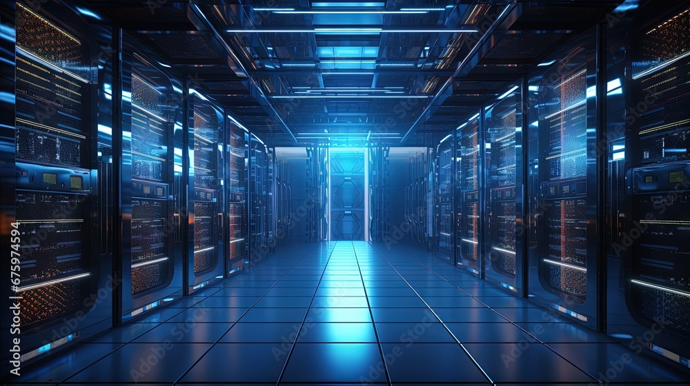 Poster modern interior server room data center. connection and cyber network in dark servers. backup, minin