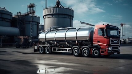 Transportation truck dangerous chemical truck tank stainless is parked in the factory. - obrazy, fototapety, plakaty