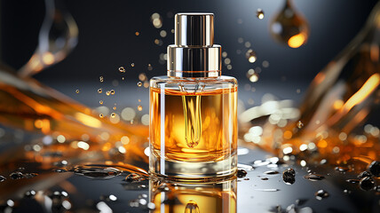 bottle of perfume on a black background with splashes and drops - obrazy, fototapety, plakaty