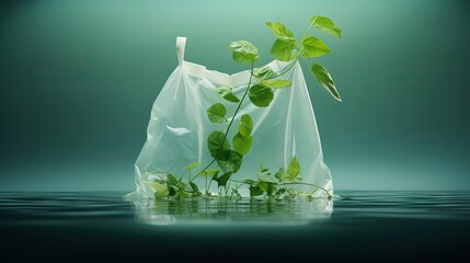 Plastic free.Ecological poster. Say NO to plastic and polyethylene bags. Ban plastic pollution. Biodegradable bag, made with green sprout and leaves. Zero waste and Sustainable lifestyle. Think Green.