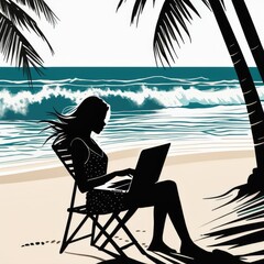 Girl, sea, laptop