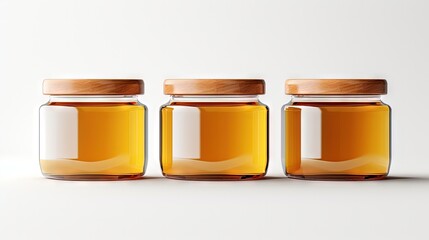 cosmetic or candle, labeled amber jar glass bottles. Sunny, minimal white background. Close up, minimal brand packaging mock up, can also be used for honey or hazelnut, peanut butter.