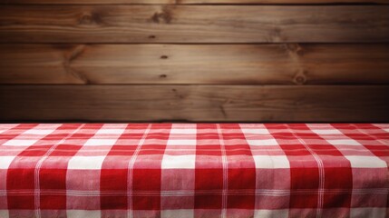 the checkered tablecloth on wooden background. Use for background. - obrazy, fototapety, plakaty