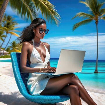 A girl on the beach is working with a laptop