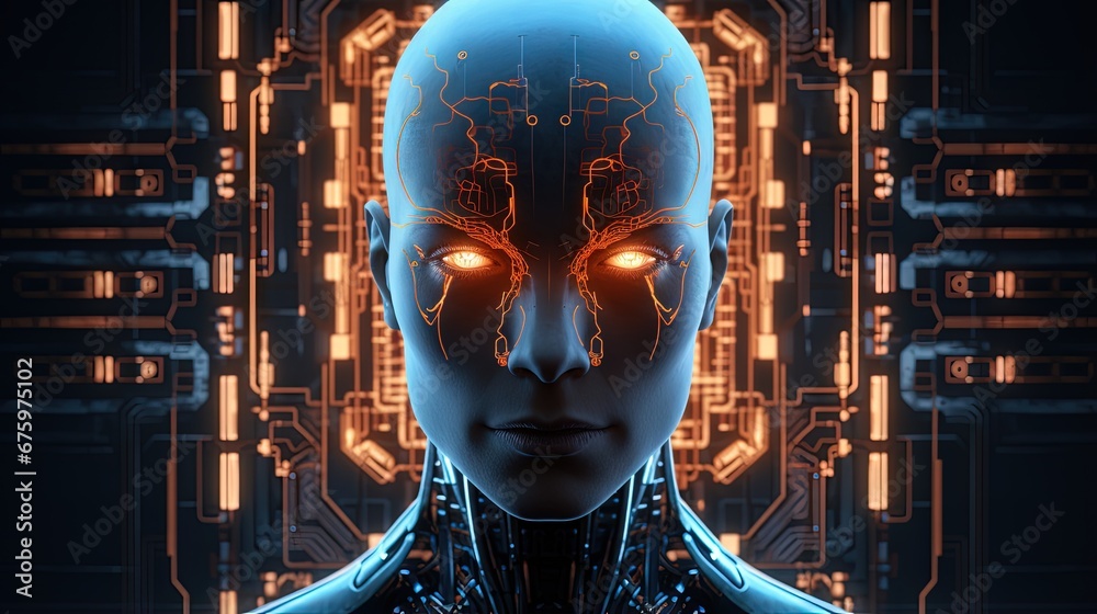 Poster Creative glowing circuit head outline. AI and intelligent concept. 3D Rendering