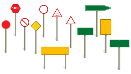 road sign blank template. Road sign set traffic blank sign mockup blank. Highway signs.  yellow pointers on the road, traffic control signs and road direction signboards. Vector illustration © Udayakumar