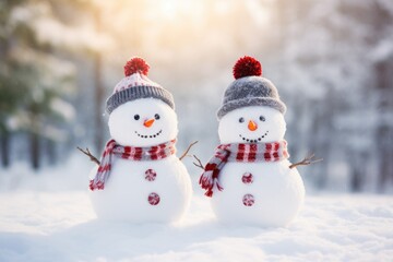 Fototapeta premium Two cheerful snowmen standing in winter