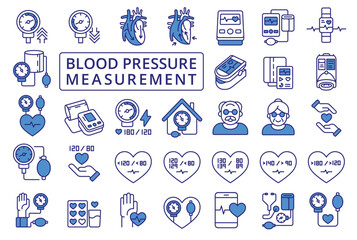 Blood Pressure Measurement icon set in line design blue. Hypertension, Hypotension, Systolic Pressure, Diastolic Pressure, Medical vector illustrations. Blood Pressure icons, editable stroke.