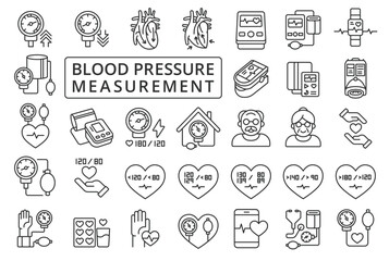 Blood Pressure Measurement icon set in line design. Hypertension, Hypotension, Systolic Pressure, Diastolic Pressure, Medical vector illustrations. Blood Pressure icons, editable stroke.