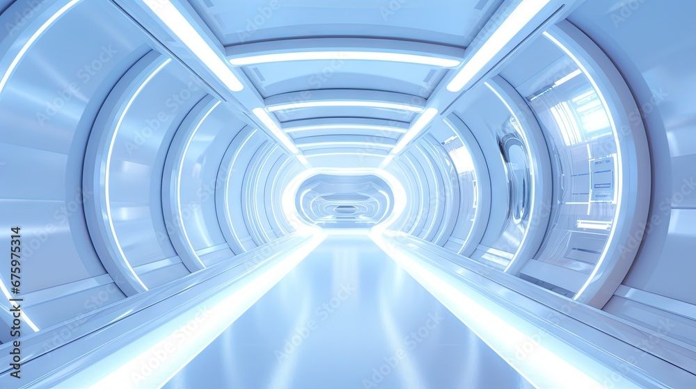Fototapete 3d rendering of white abstract sci-fi tunnel, futuristic spaceship corridor.