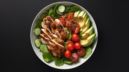 Grilled chicken meat and fresh vegetable salad of tomato, avocado, lettuce and spinach. Healthy and detox food concept. Ketogenic diet. Buddha bowl dish on white background, top view. - obrazy, fototapety, plakaty