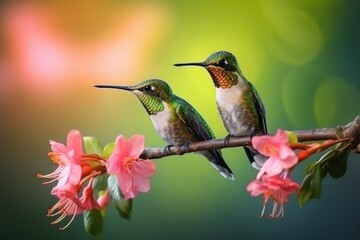 Two hummingbird bird with pink flower green blurred background