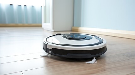 Modern robotic vacuum cleaner on white floor indoors