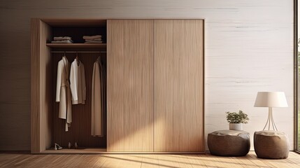 3d rendering, 3d illustration - Simple Wooden Wardrobe Clothes with parquet flooring. - obrazy, fototapety, plakaty