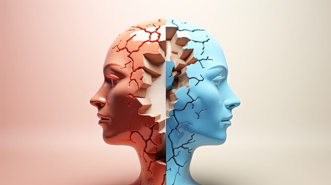 Bipolar mental health and brain disorder concept as a human head in paper divided in two colors as a neurological mood and emotion symbol or medical psychological metaphor in a 3D illustration style.
