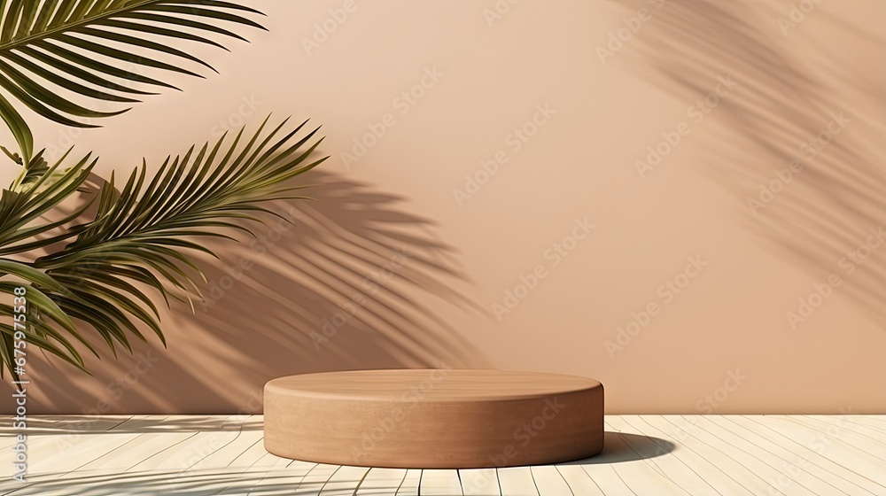 Poster summer product display podium with shadow nature leaves with brown wall and sea background. 3d rende