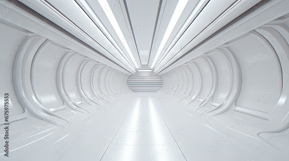 Fototapete 3d rendering of white abstract sci-fi tunnel, futuristic spaceship corridor.