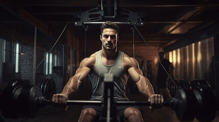 Fototapeta na wymiar Fit man training on row machine in gym