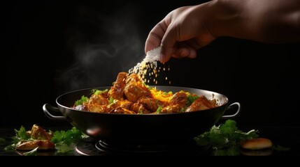 Close-up view of chef pours by ladle chicken curry from pan wok to white bowl. Backstage of serving traditional Indian curry with boiled rice on black background. Concept of cooking tasty hot meal. - obrazy, fototapety, plakaty