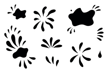 Water drops and splash silhouette in simple doodle style. Set different liquid shapes and silhouette.