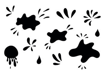 Water drops and splash silhouette in simple doodle style. Set different liquid shapes and silhouette.
