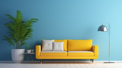Minimalist room interior,yellow sofa with white lamp and plant on blue wall /3d render