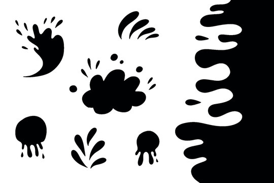 Water drops and splash silhouette in simple doodle style. Set different liquid shapes and silhouette.