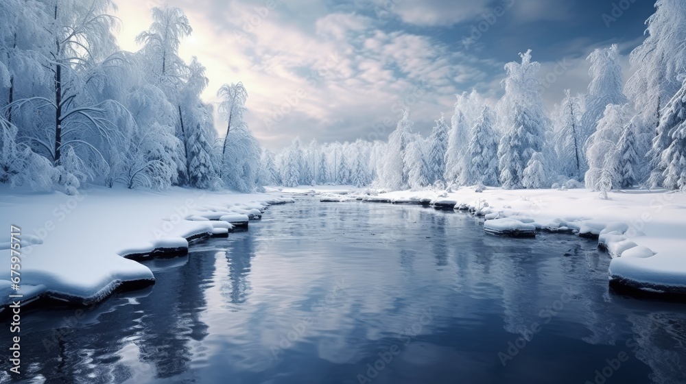 Wall mural dramatic winter landscape under fresh fallen snow on a cloudy morning day. high quality photo