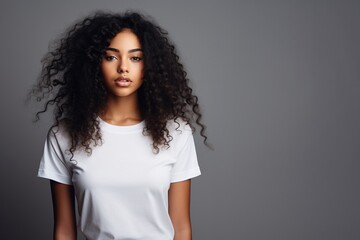 Portrait of a woman. Beautiful young African-American woman in a white T-shirt, studio portrait, minimalistic background.