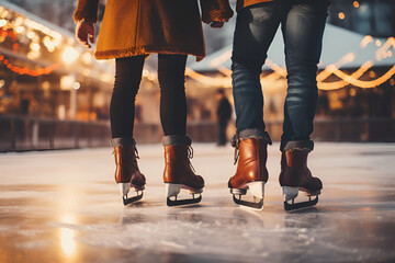 A couple in love is skating on a city ice rink