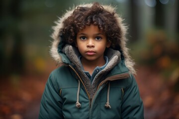 Cute african american little girl with curly hair in the autumn forest