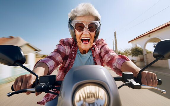 An elderly woman with a joyful look speeds by on her motorbike