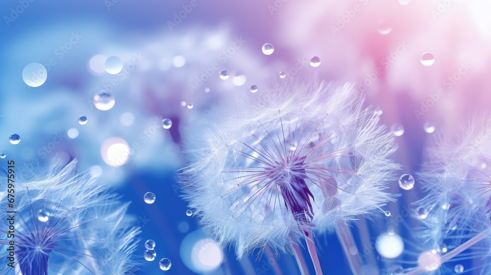 Poster beautiful dew drops on a dandelion seed macro. beautiful soft light blue and violet background. wate