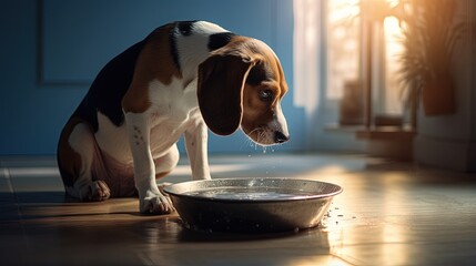 Cute Beagle dog in pet bed drinking water from bowl near light wall