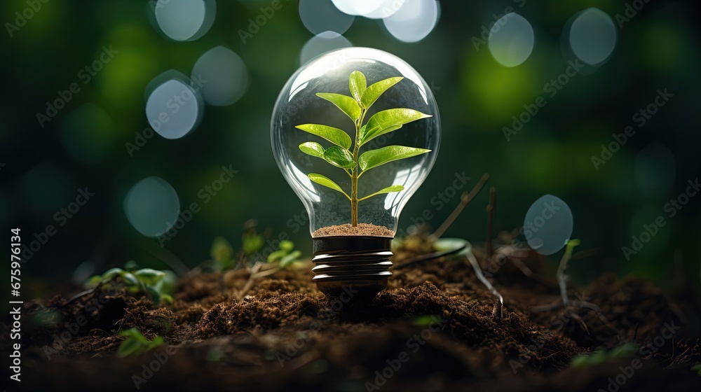 Poster the tree growing on the soil in a light bulb. creative ideas of earth day or save energy and environ