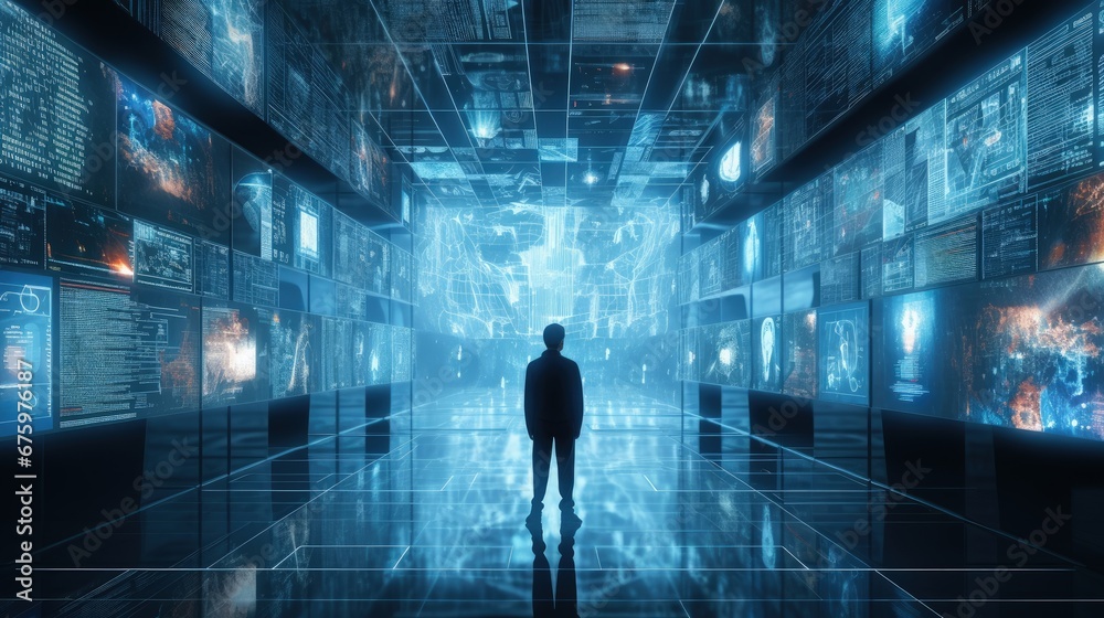 Poster Futuristic technology big data sorting, information artificial neural network, monitor screen in perspective