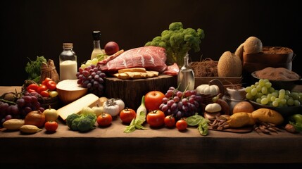 Variety of organic food including vegetables fruit bread dairy and meat. Balanced diet.