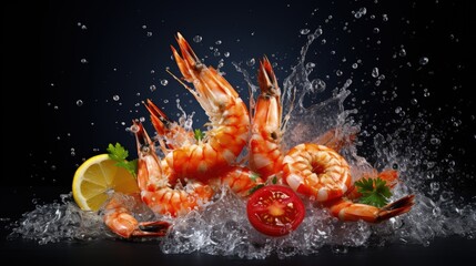 chef is cooking delicious shrimp with seasoning, Prawns fried with splashes of lemon juice in a freeze motion on a dark background. Seafood appetizer. Culinary, cooking concept. Long banner format. - obrazy, fototapety, plakaty