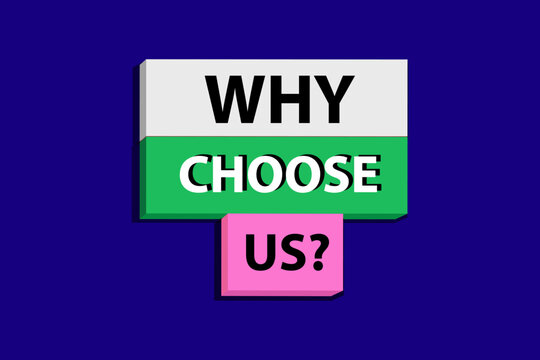 Why choose us. blue background. vector illustration. word concept. Business motivational why choose us concept. Copy space.