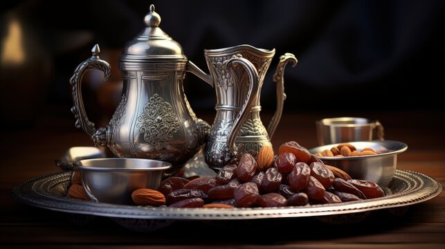 Silver Arabic Coffee Pot Healthy Ramadan Snack Dates Coffee Beans Pre Iftar Snack Medjool Dates