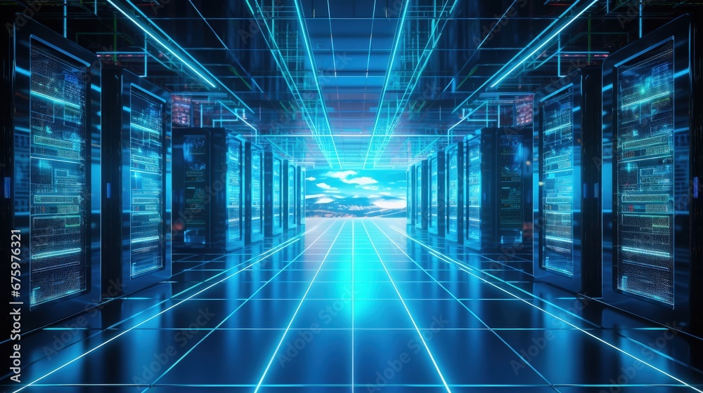 Aufkleber 3d illustration banner of server room in data center full of telecommunication equipment,concept of 