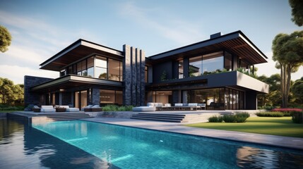 Modern Luxury House Minimalist Mansion Black Villa Large Architecture Home Exterior Building with Blue Sky and Black Stone Slab Garden with Pool 3d illustration render - obrazy, fototapety, plakaty