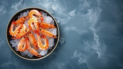 Shrimps in bowl on gray table. Frozen boiled seafood product. Top view