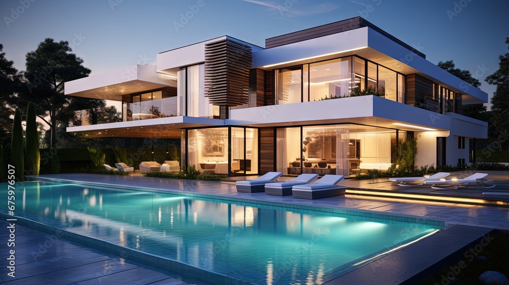 Poster Realistic 3D rendering of a very modern upscale house with swimming pool