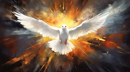 Conceptual graphic illustration of glowing Christian cross white doves, symbolizing Jesus Christ's sacrificial work of salvation. Digital artwork composed against abstract oil painted background.