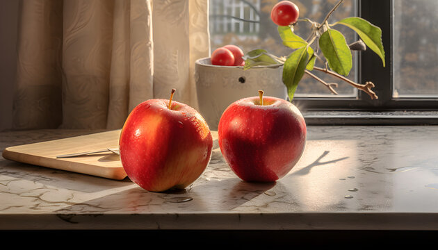 red apples on a wooden table generative ai