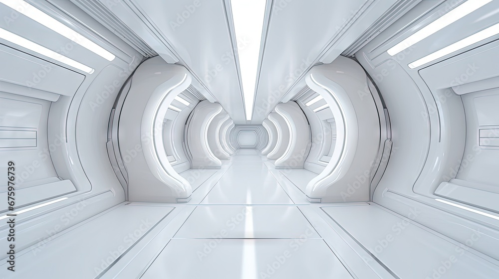 Aufkleber 3d rendering of white abstract sci-fi tunnel, Futuristic spaceship corridor.