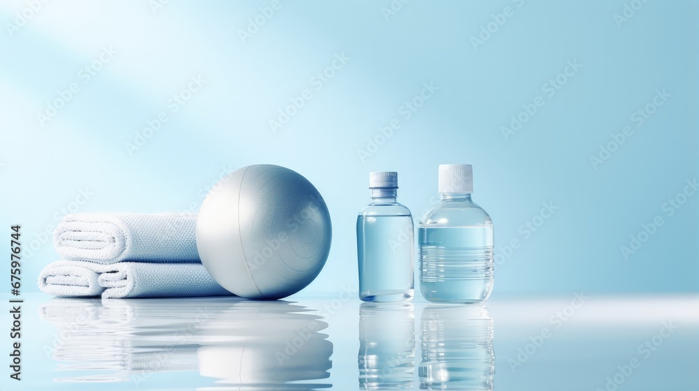 Sticker Fitness ball, weights and water bottle. Pastel blue and white colors scene. 3d render for sport fitness equipment in the gym and exercise daily background. Healthy living, taking care of themselves.